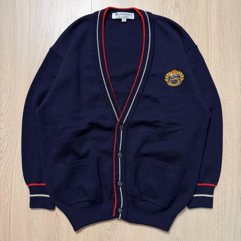 Burberry Navy Cardigan with Red and Cream Trim and Embroidered Crest